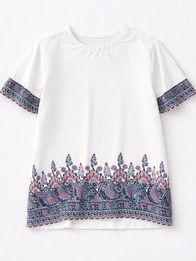 Multiples White Short Sleeve Top with Blue and Pink Embroidered Border